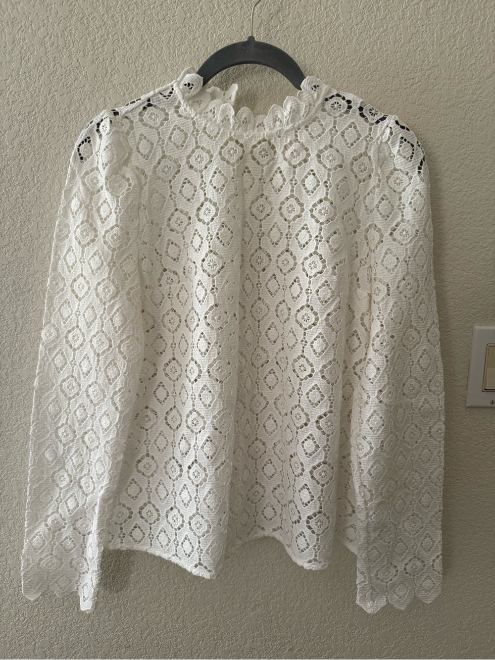 Sezane White Lace Ruffled Neck Blouse